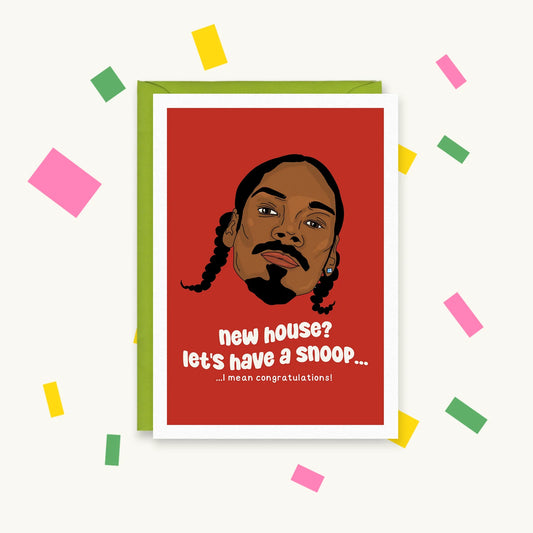 New house let’s have a snoop funny greeting card with illustrated portrait on red background